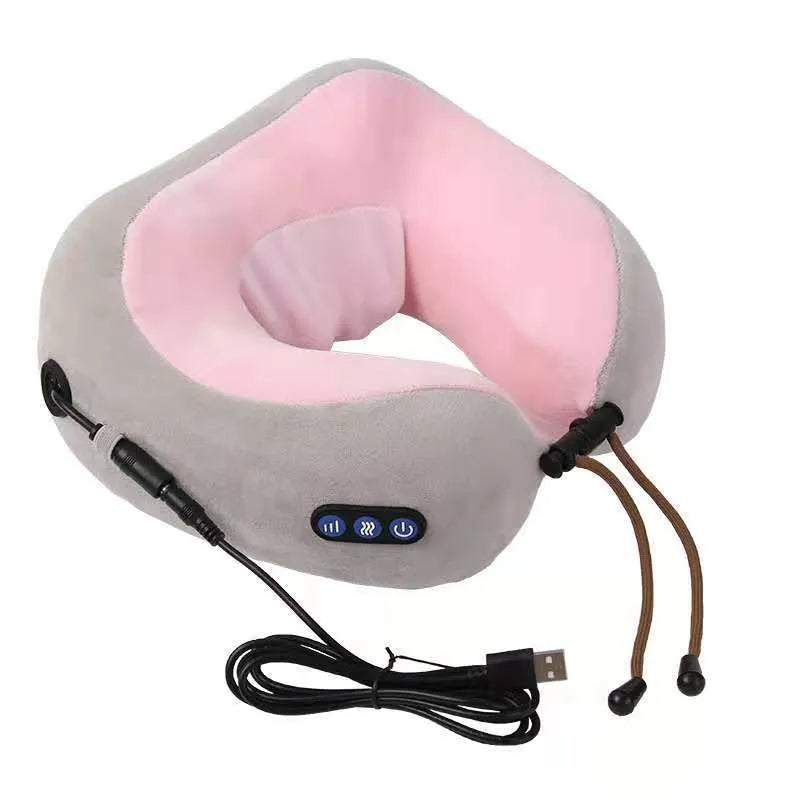 Brown U shaped electric neck massage pillow with control buttons