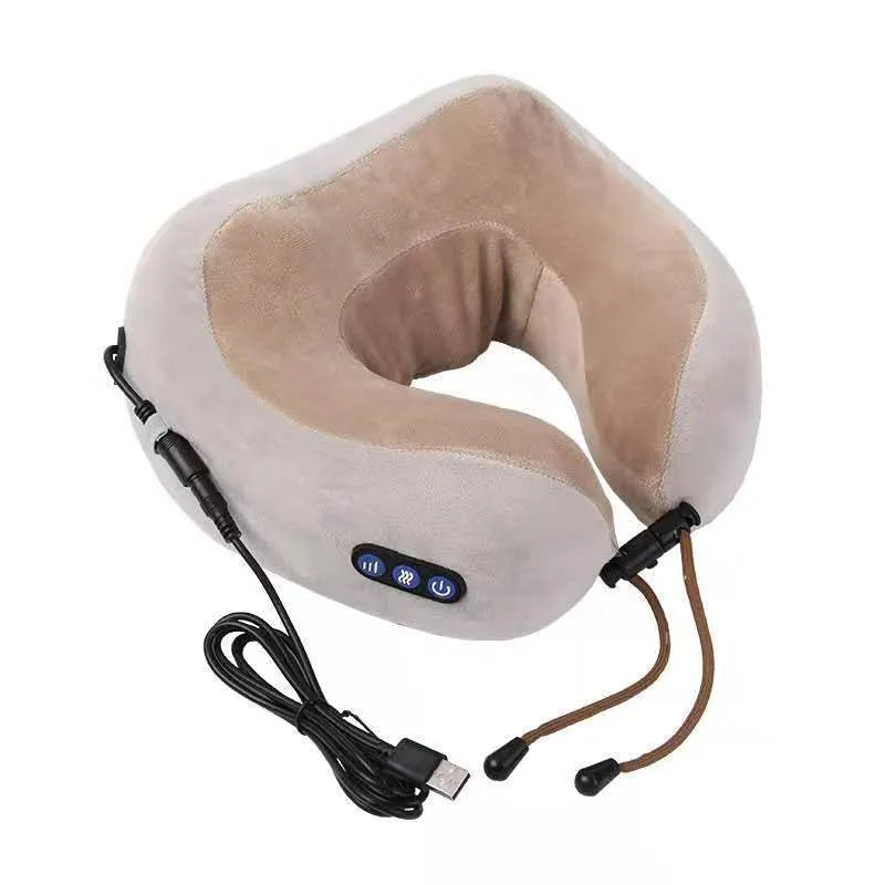 Brown U shaped electric neck massage pillow with control buttons