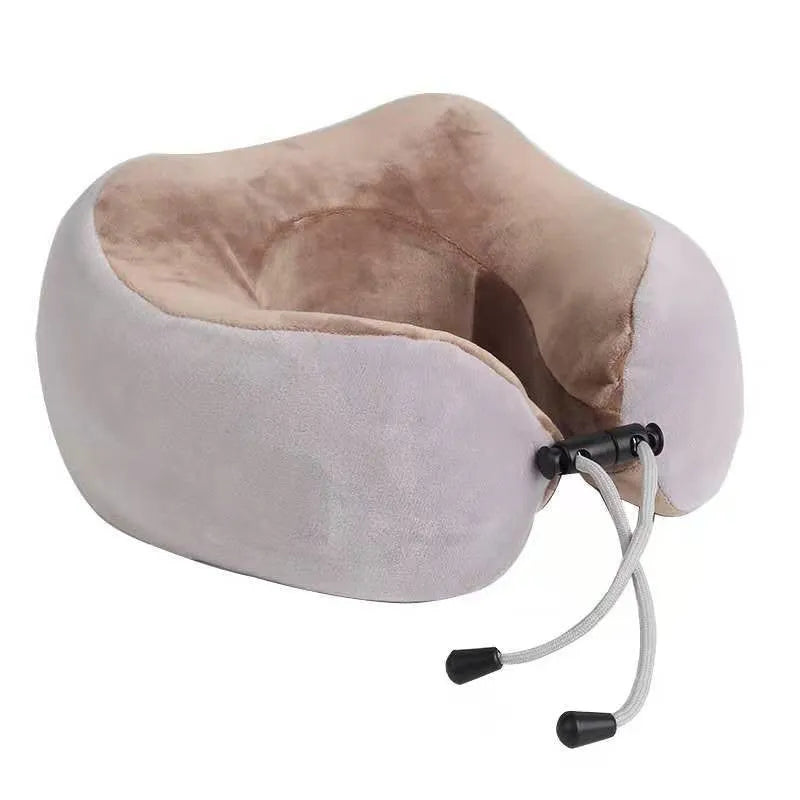 Brown U shaped electric neck massage pillow with control buttons