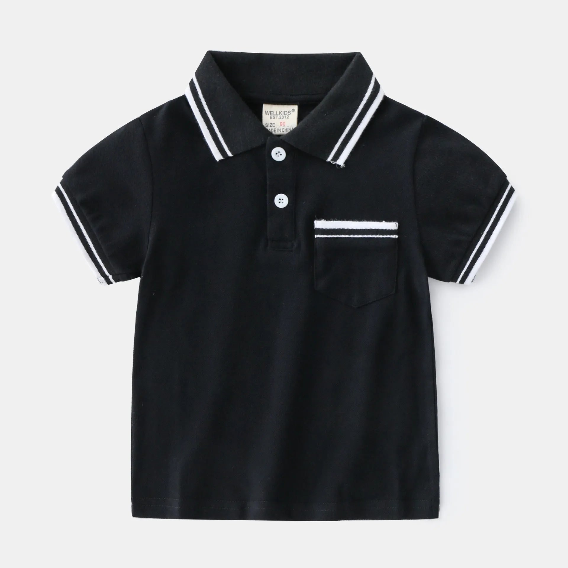 Boys plain cotton polo shirt in white or black with short sleeves and round neck.