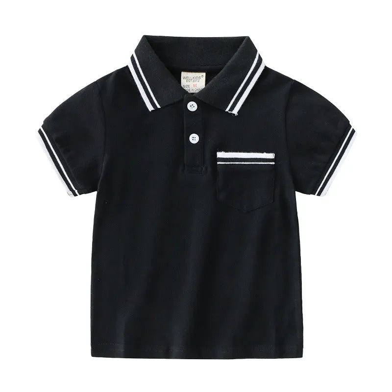 Boys plain cotton polo shirt in white or black with short sleeves and round neck.