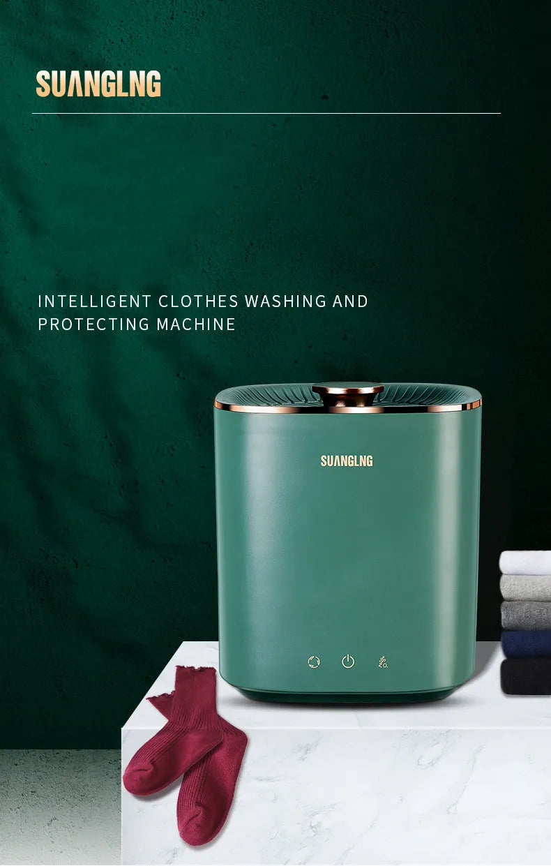 Green and white mini portable automatic washing machine for underwear and socks on a countertop.