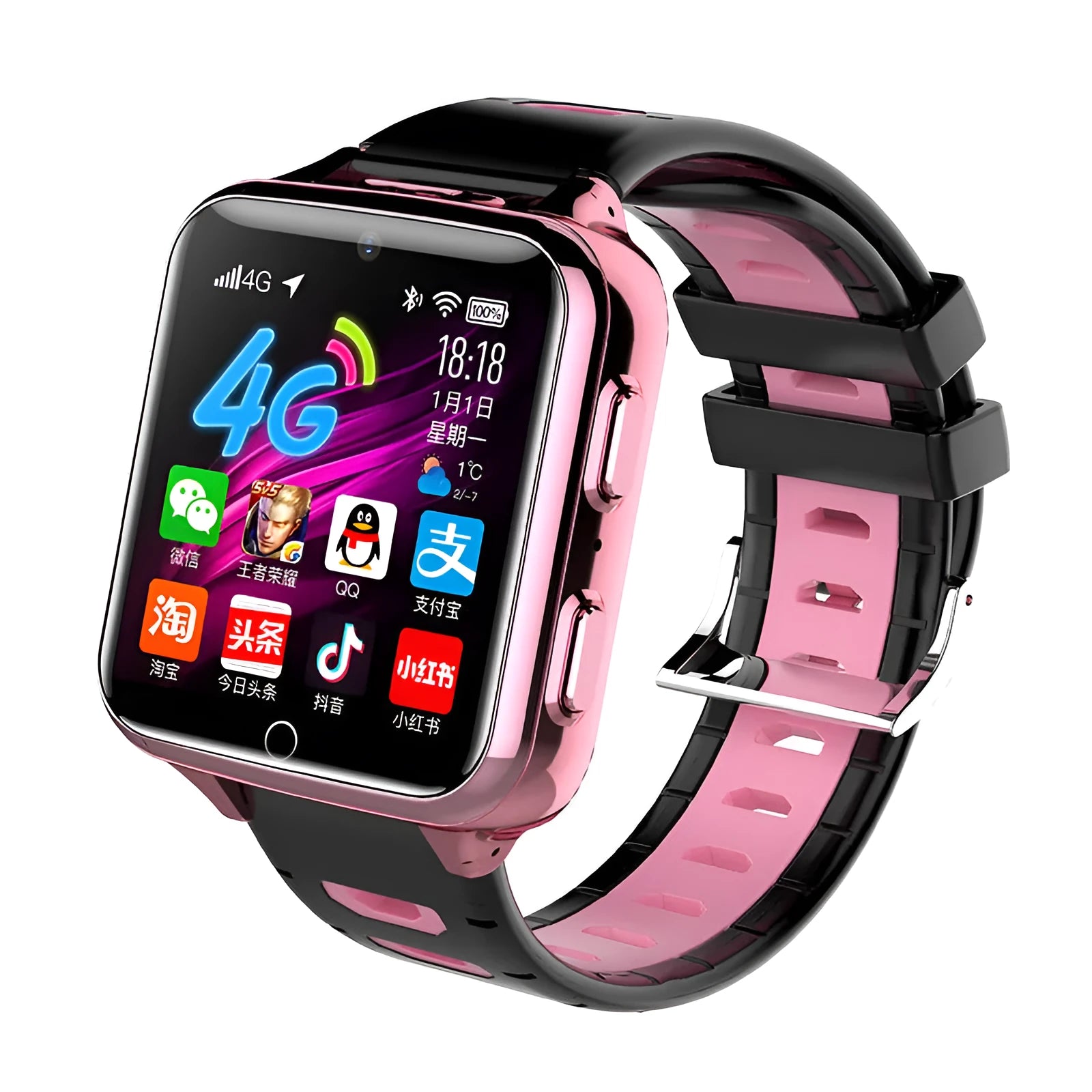 Children's smart sports watch with black silicone wristband and 1.54-inch IPS touchscreen display