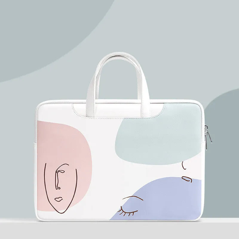 Blue PU leather 15.6-inch laptop bag with a soft handle and zipper opening.