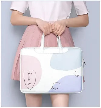 Blue PU leather 15.6-inch laptop bag with a soft handle and zipper opening.