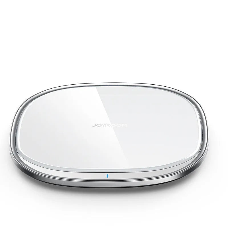 Black 15W fast wireless charging pad with glass top surface and compact square design.