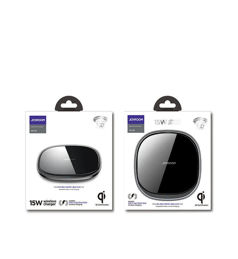 Black 15W fast wireless charging pad with glass top surface and compact square design.