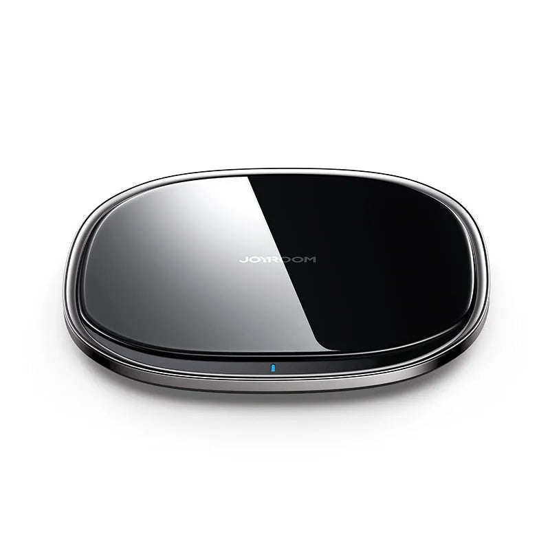 Black 15W fast wireless charging pad with glass top surface and compact square design.