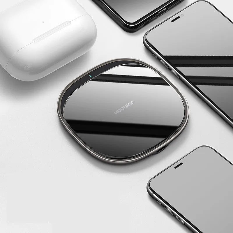 Black 15W fast wireless charging pad with glass top surface and compact square design.