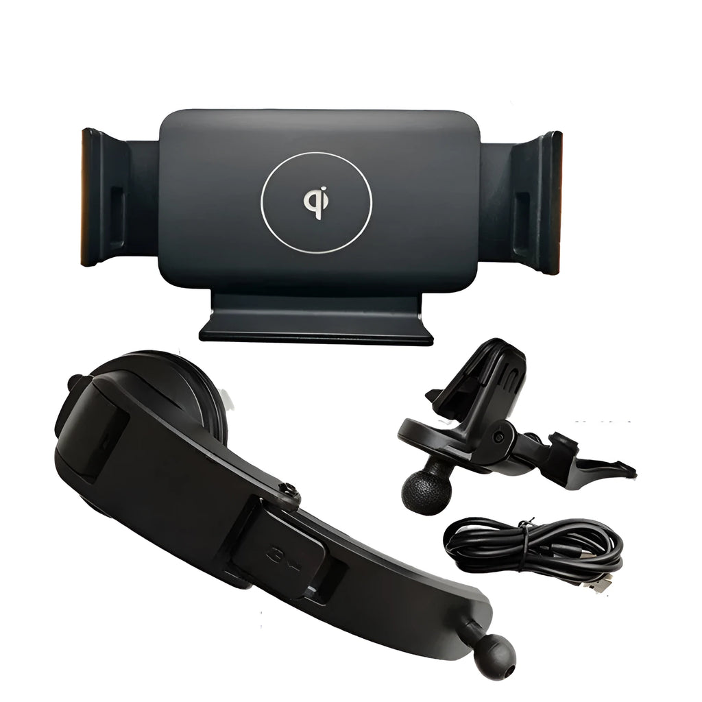 Black car clip-on wireless charger bracket holding a tablet in a car vent