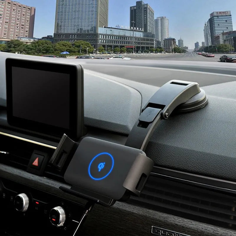 Black car clip-on wireless charger bracket holding a tablet in a car vent