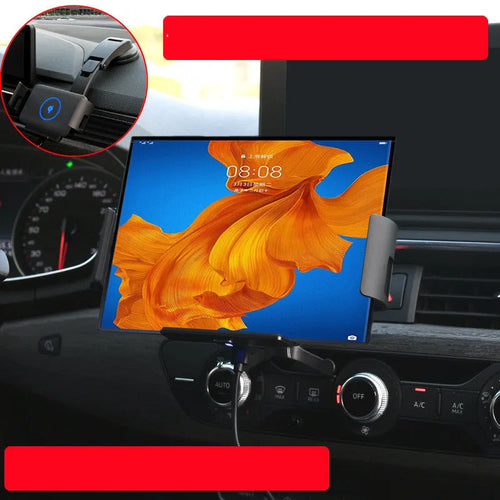 Black car clip-on wireless charger bracket holding a tablet in a car vent