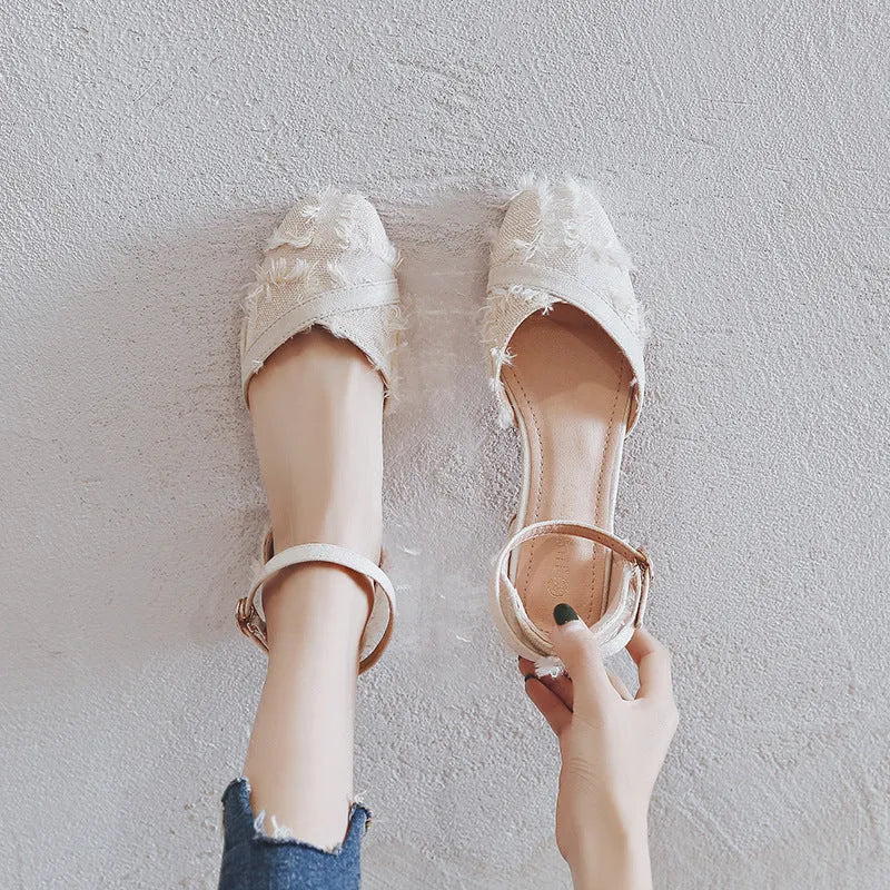 Women's apricot suede flats with ankle strap and 3cm low heel