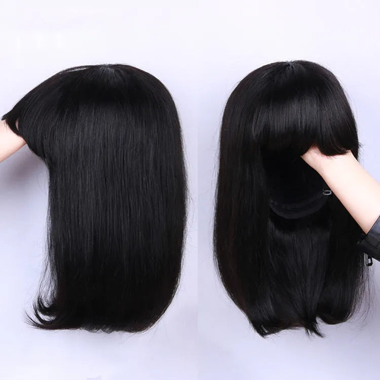 Unice Hair real human hair wig in black, showing 10-inch medium length style.
