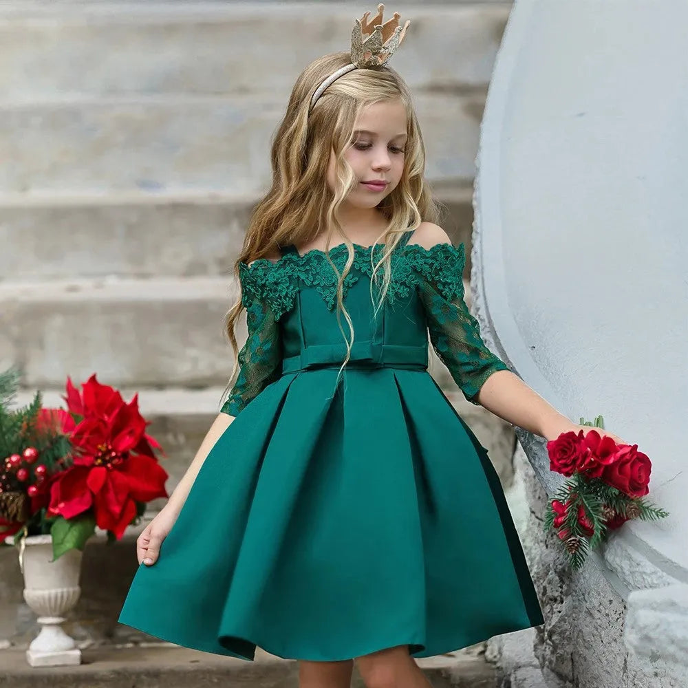 Girls lace-trimmed polyester dress in deep red colour showing simple design with decorative lace details