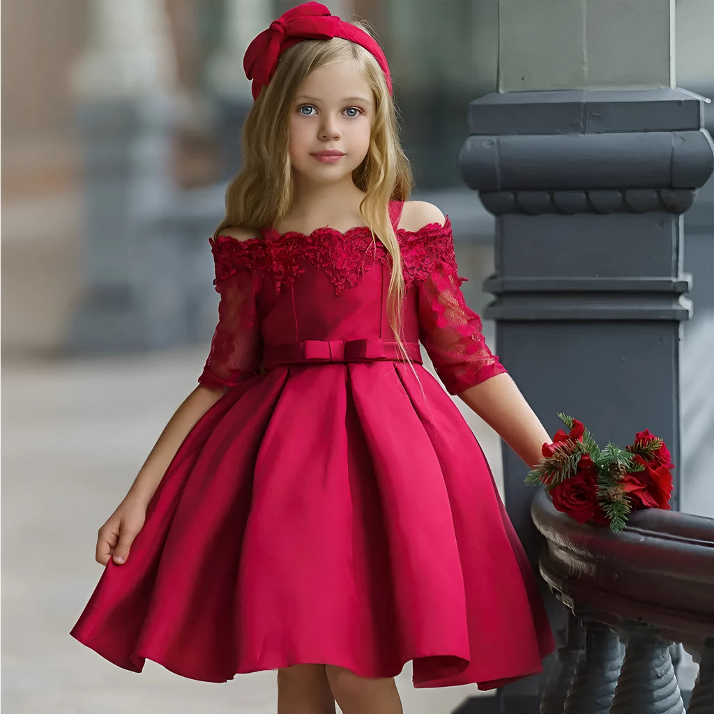 Girls lace-trimmed polyester dress in deep red colour showing simple design with decorative lace details