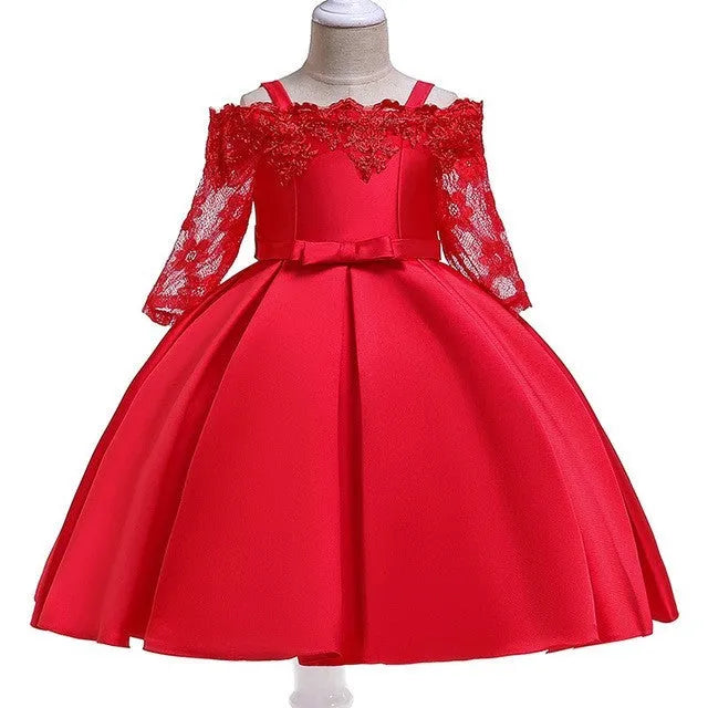 Girls lace-trimmed polyester dress in deep red colour showing simple design with decorative lace details