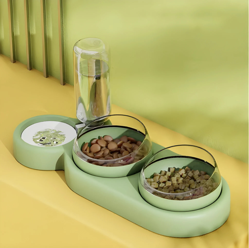 Automatic pet feeder double bowl with water fountain and raised stand in grey colour