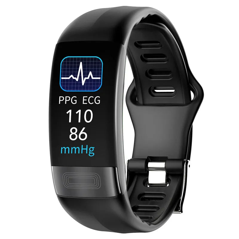 Smart health bracelet with body temperature and ECG monitoring on wrist in black, blue, green or red
