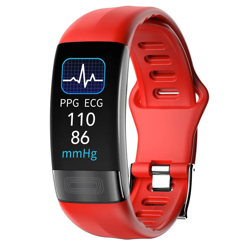 Smart health bracelet with body temperature and ECG monitoring on wrist in black, blue, green or red