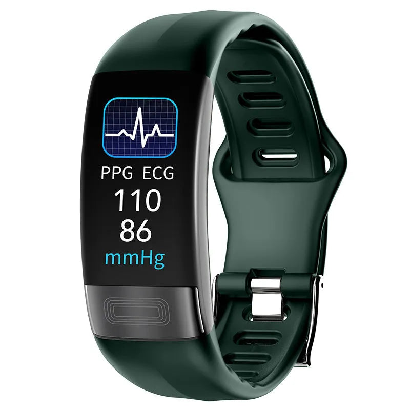 Smart health bracelet with body temperature and ECG monitoring on wrist in black, blue, green or red