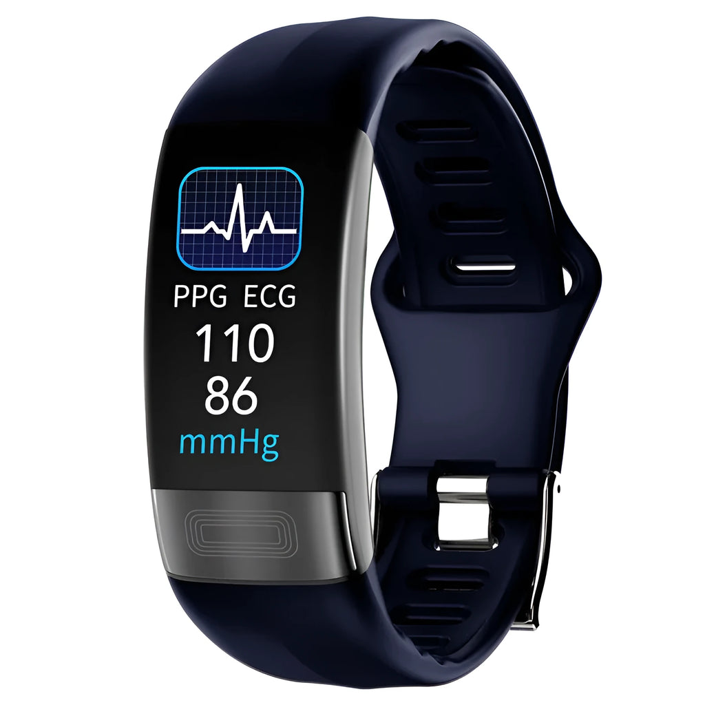 Smart health bracelet with body temperature and ECG monitoring on wrist in black, blue, green or red