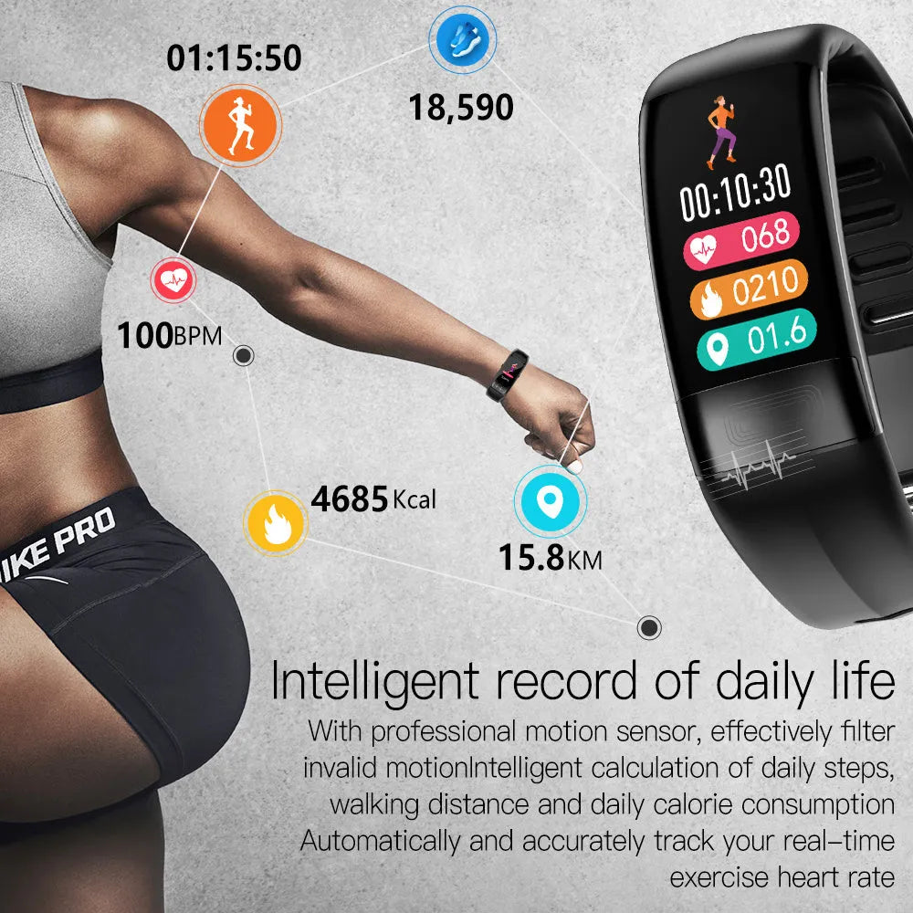 Smart health bracelet with body temperature and ECG monitoring on wrist in black, blue, green or red