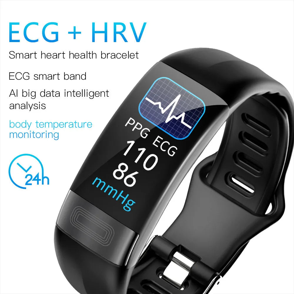 Smart health bracelet with body temperature and ECG monitoring on wrist in black, blue, green or red