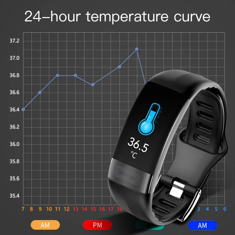 Smart health bracelet with body temperature and ECG monitoring on wrist in black, blue, green or red