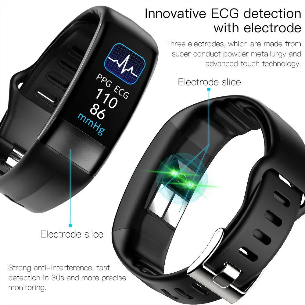 Smart health bracelet with body temperature and ECG monitoring on wrist in black, blue, green or red