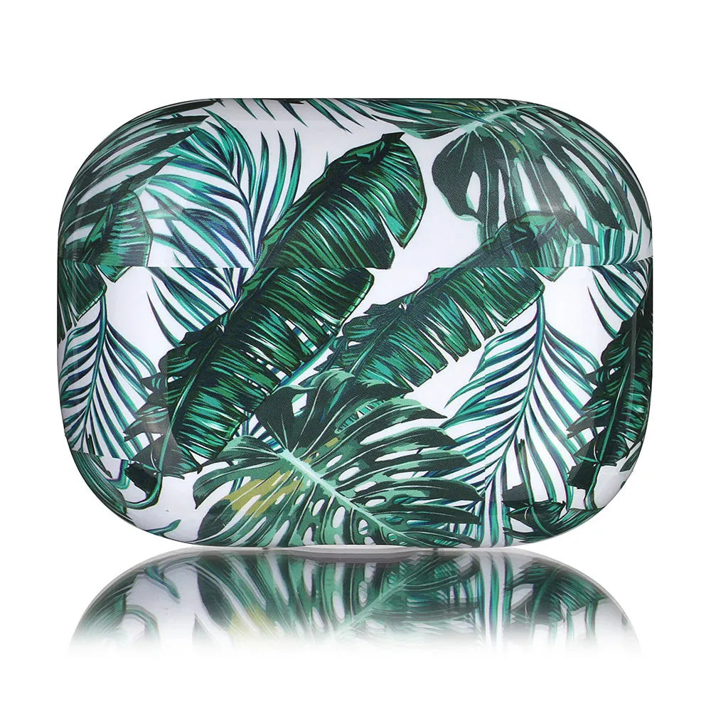 Blue and green banana leaves pattern AirPods protective case made from soft TPU material.