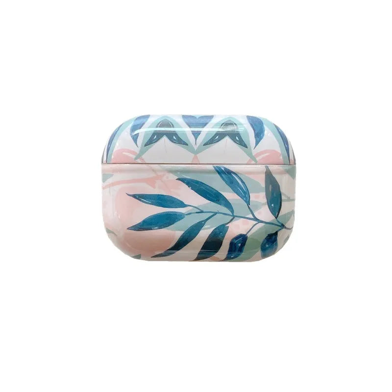 Blue and green banana leaves pattern AirPods protective case made from soft TPU material.
