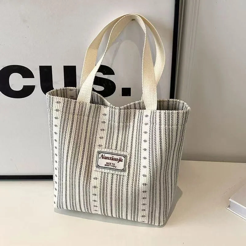 Japanese style corduroy handbag with large capacity in ivory white colour
