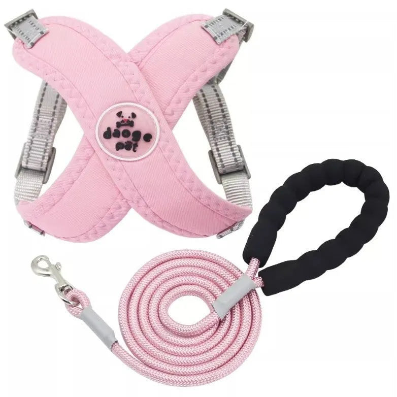 A blue polyester dog harness with an attached rope, laid flat, showing adjustable straps and metal clasp.