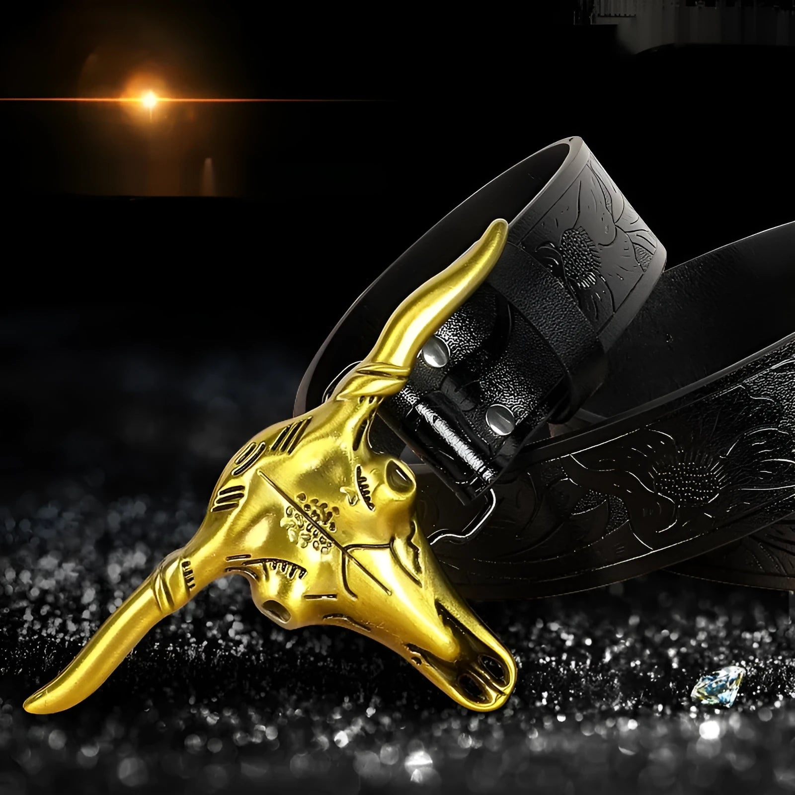 Men's black imitation leather belt with a detailed silver alloy cow head buckle and pin buckle fastening.
