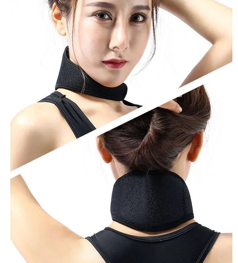 Black self-heating magnetic neck guard with an adjustable shoulder strap for neck support.