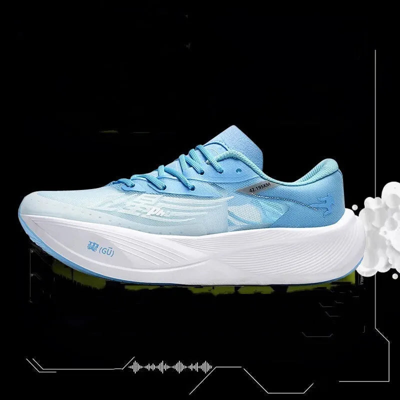 Low-top running shoes with carbon plate, PU mesh upper, and natural rubber sole in multiple colours.