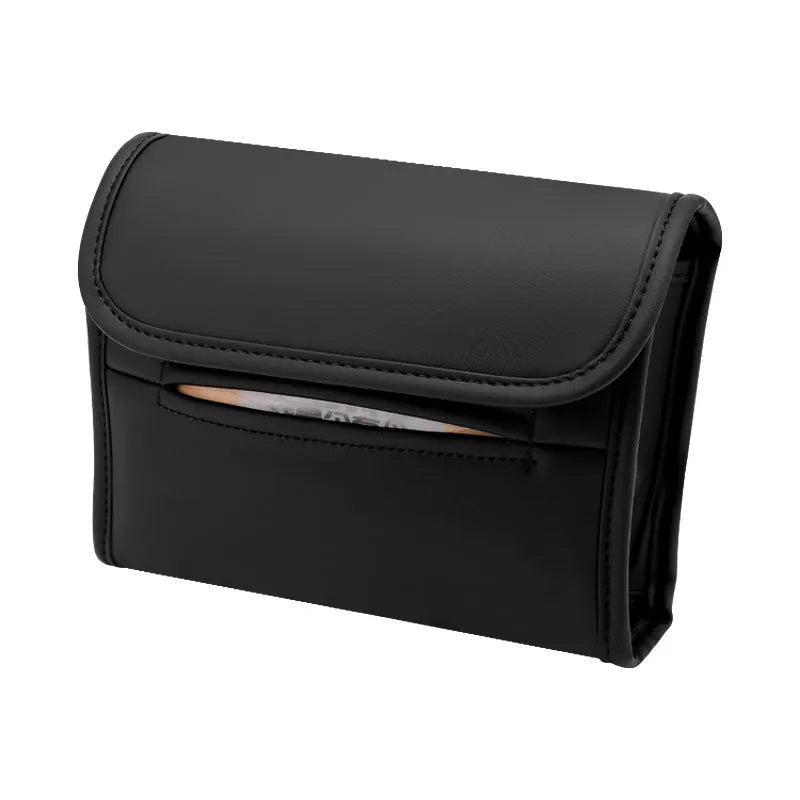 Leather car tissue box holder mounted on vehicle sun visor with elastic band