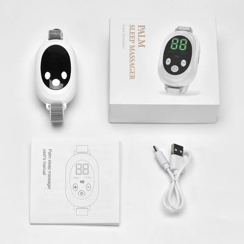 White electronic sleep aid instrument with handheld remote design and adjustable intensity controls