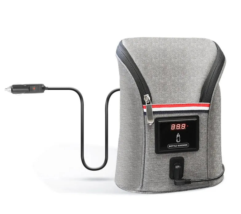 Grey portable baby bottle warmer with digital display for car travel use