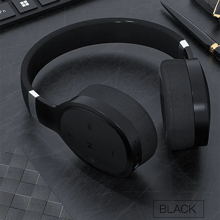 Wireless Bluetooth over-ear headset shown in black, blue, grey, or white colour options.
