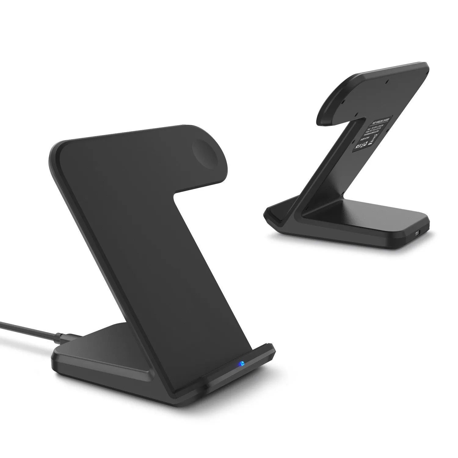 Black and white wireless phone charger with Type-C cable showing compact dimensions