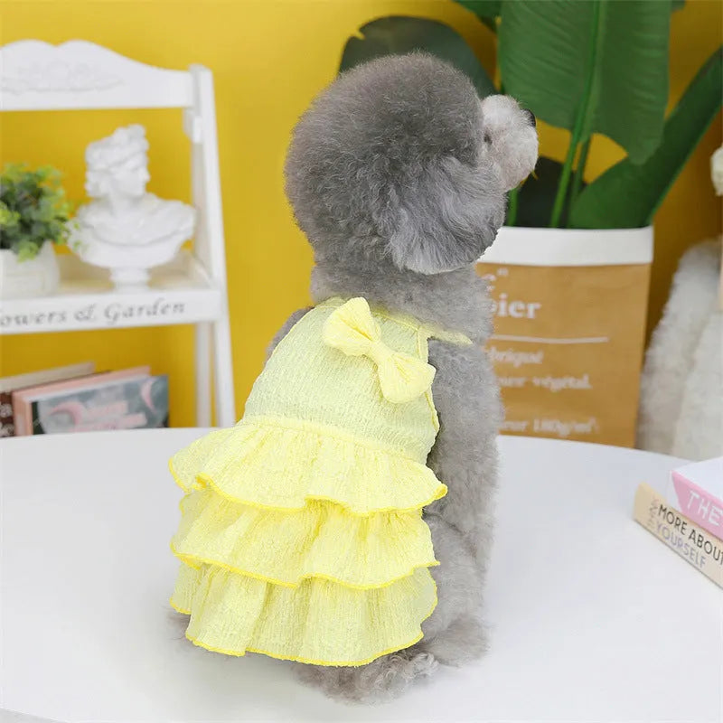 Small dog wearing princess dress with layered skirt in polyester fabric