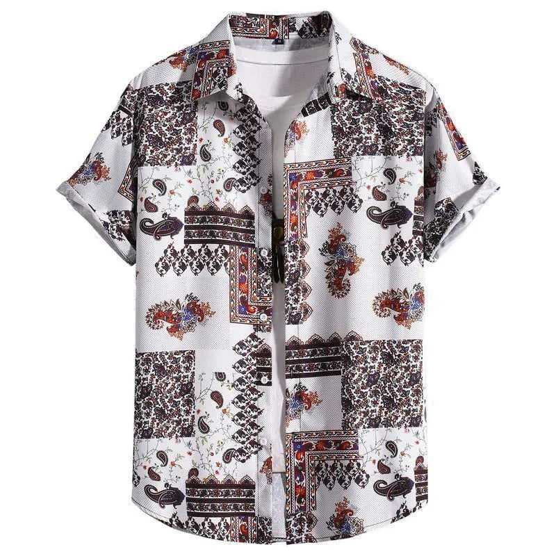 Men's slim fit Hawaiian short sleeve shirt in a cardigan style with digital print pattern.