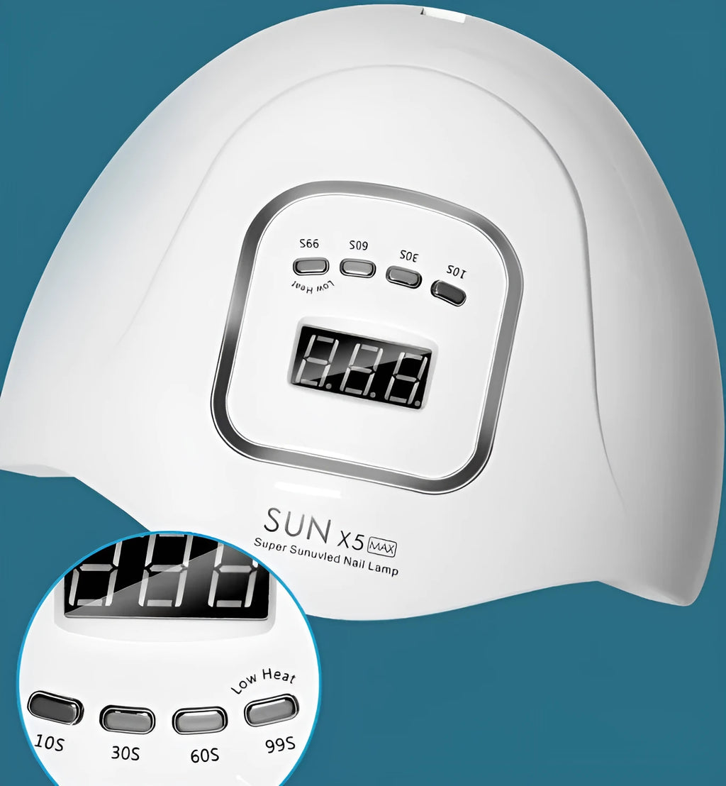 White nail polish dryer lamp with UV and LED light beads and digital timer display.