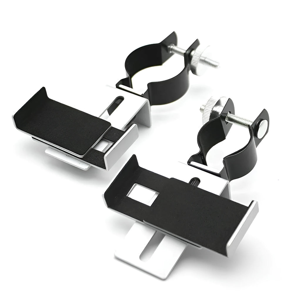 Black and silver smart phone adapter with adjustable metal frame and rubber clip for phones 60-95 mm wide