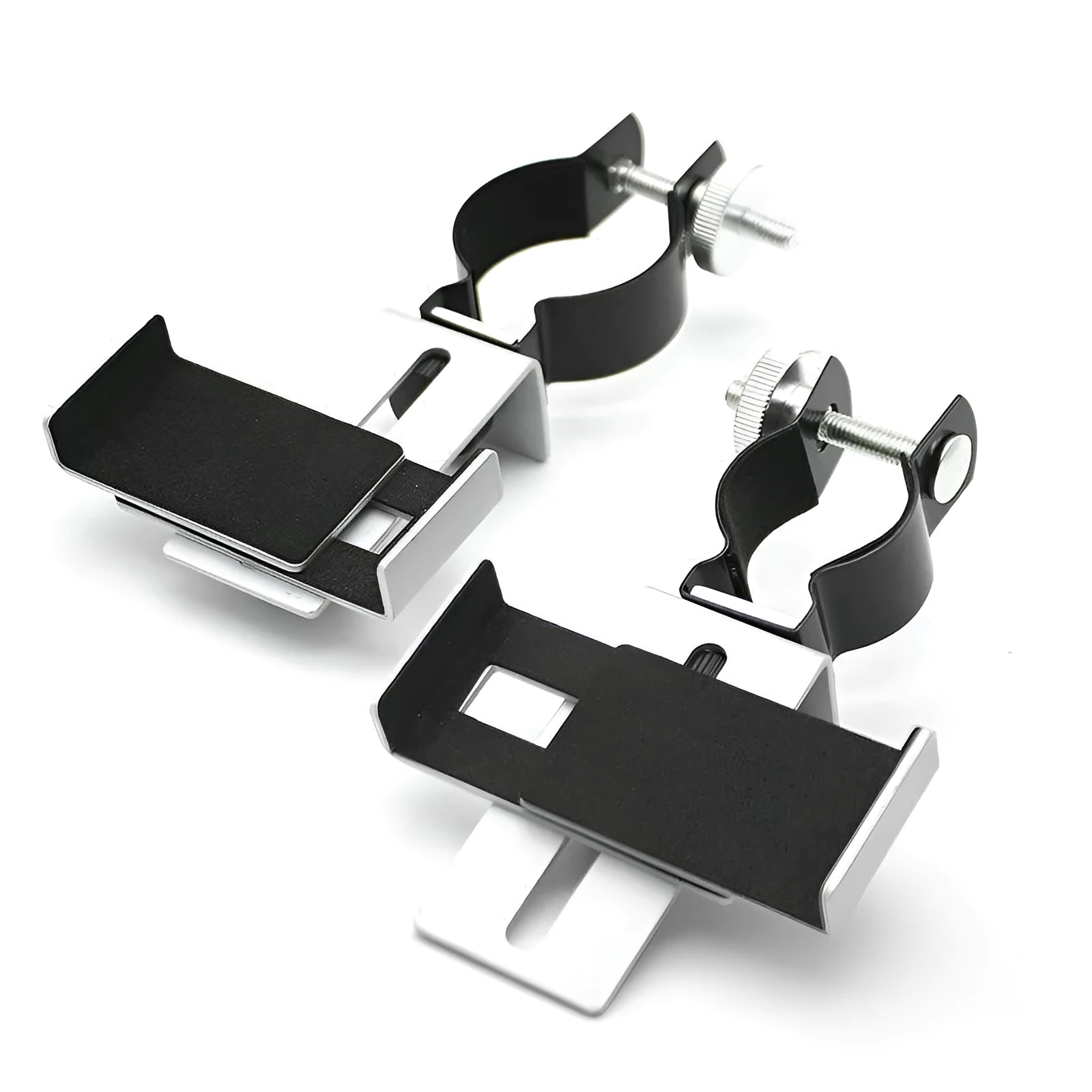 Black and silver smart phone adapter with adjustable metal frame and rubber clip for phones 60-95 mm wide