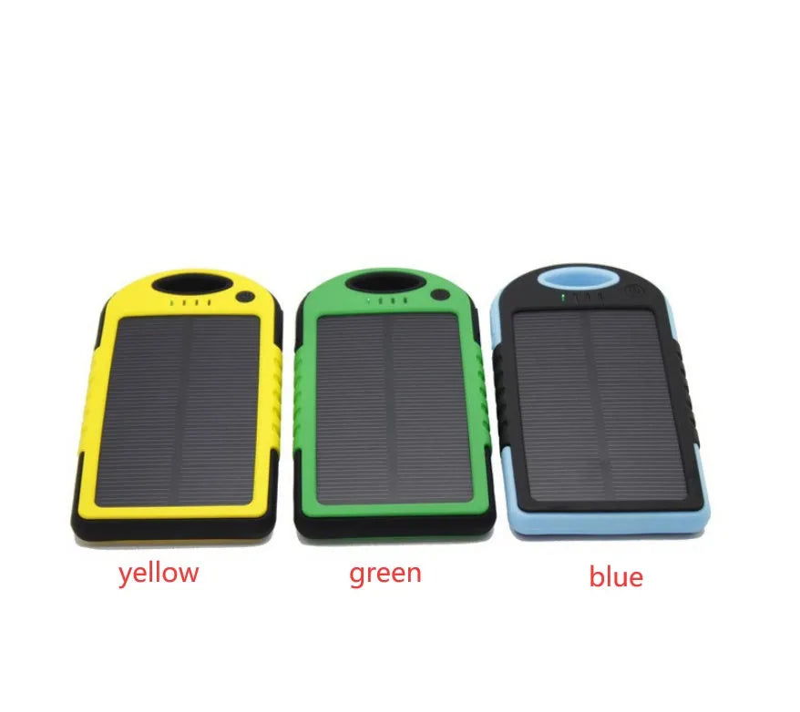 Solar power bank dual battery charger 8000mAh IPX4 waterproof with solar panel carabiner clip super bright LED light black