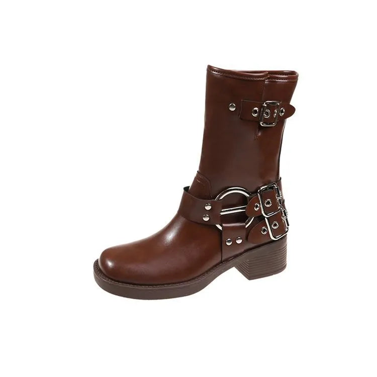 Women's black platform boots with mid-calf sock design and ankle buckle strap