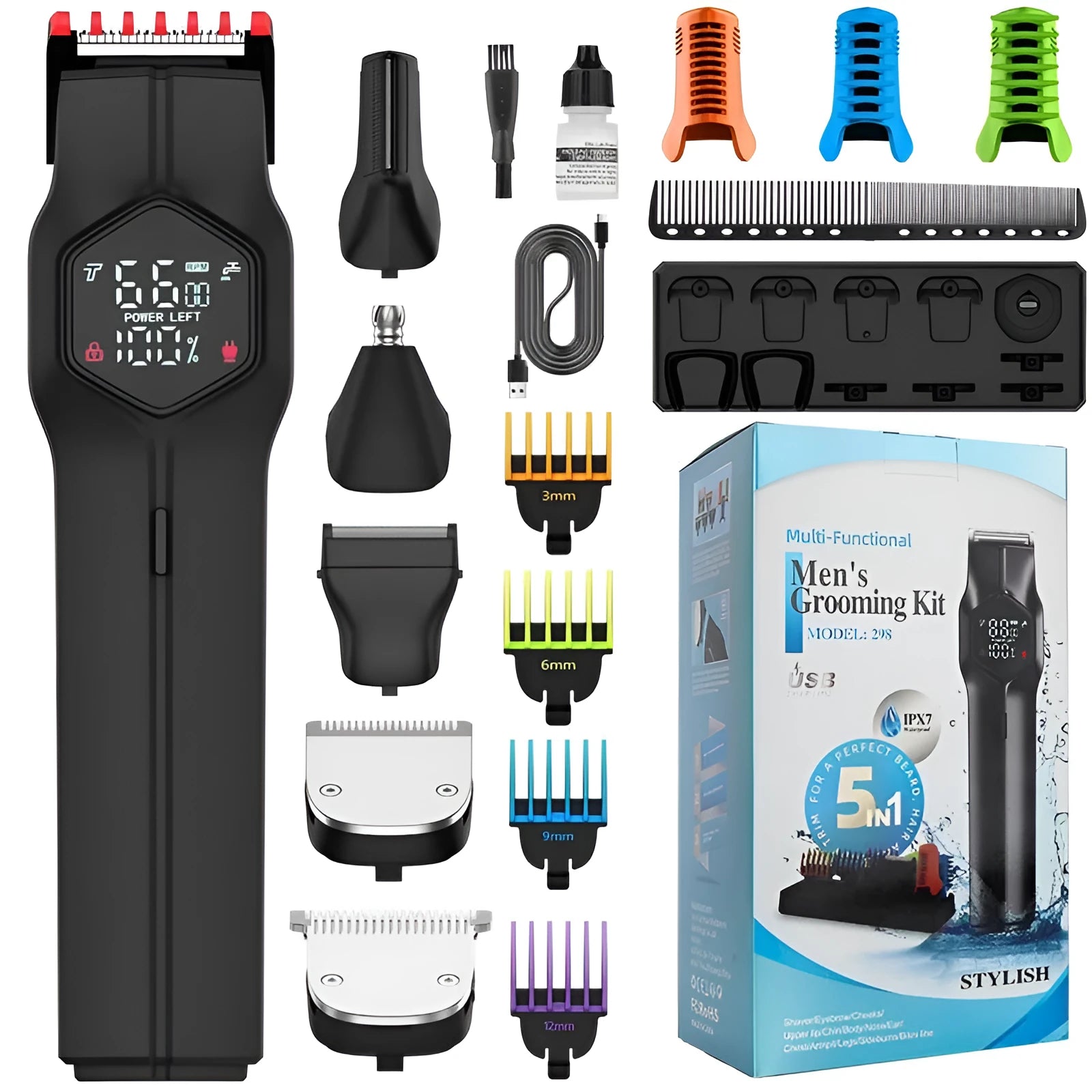 Five-in-one magnetic cutter head men's hair clipper suit with attachments, low noise, full wash, Style 1